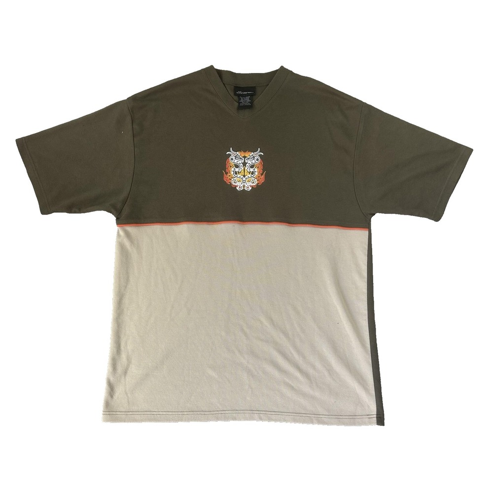 No Boundaries Shirt Mens XL Green Tan Dragon Flame Graphic Colorblock V-Neck Tee
